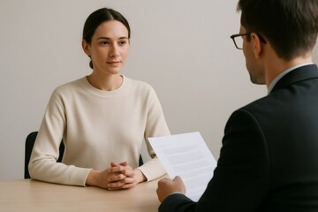 Businessman holding a resume while interviewing a candidate for a job position, engaging in a professional discussion about skills and experience