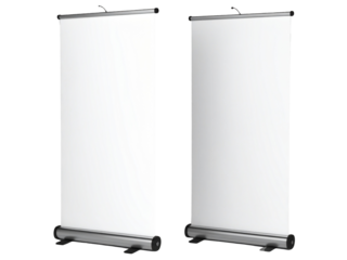 Set of Two Portable Roll-Up Display Banners with Retractable Stands, Clean Design, Transparent PNG