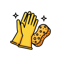 Domestic Cleaning Essentials. This graphic illustration features bright yellow utility gloves alongside an orange scrubbing pad, symbolizing hygiene, order, and a fresh home environment.