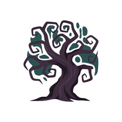 Gnarly Enchanted Tree Artwork. A stylized, haunting plant with contorted branches and shadowy foliage, symbolizing ancient secrets and a fantastical realm. Ideal for festive designs.