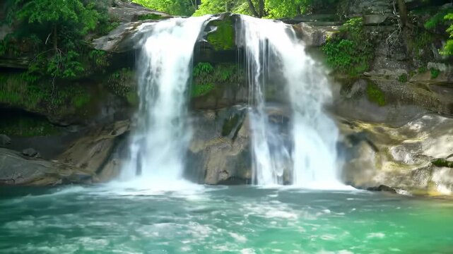 Serene Cascade flows into a tranquil turquoise pool surrounded by lush green foliage and moss-covered rocks, showcasing the vibrant beauty of nature