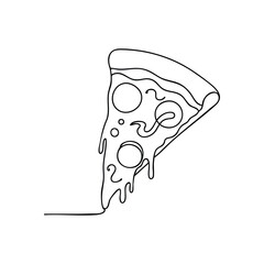 Minimalist Pizza Slice Illustration. An artful depiction of a cheesy pie wedge with oozing sauce, presented in bold black and white. It symbolizes simple pleasures and gastronomic satisfaction.