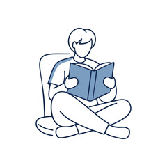 Person Reading Book Minimal Art. Minimalist illustration of an individual engrossed in a literary volume, symbolizing knowledge, peaceful reflection, and discovery. Ideal for education.