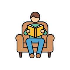 Person Enjoying Book in Armchair. A simplified illustration of an individual engrossed in a novel, seated comfortably. Represents education, leisure, and peaceful contemplation.