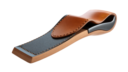 Leather-wrapped wooden tool, possibly a knife sheath or sharpening tool.  A tan leather wrap, with stitching, covers a portion of a dark gray-blue leather-covered, wooden block-like object