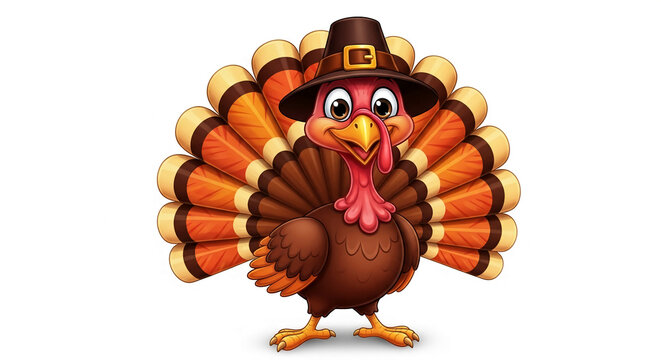 Cartoon turkey wearing pilgrim hat, orange brown feathers, white background, Thanksgiving illustration, festive, cheerful, autumnal, holiday graphic