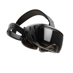 Fototapeta premium Dark gray VR headset angled, showing adjustable headband and sleek, mirrored lenses