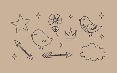 Cute hand drawn doodles of birds flowers stars arrows and a crown