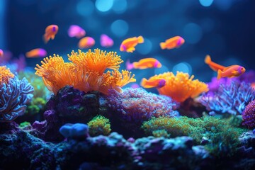 Obraz premium Vibrant coral reef teeming with life, showcasing diverse coral species and colorful fish.