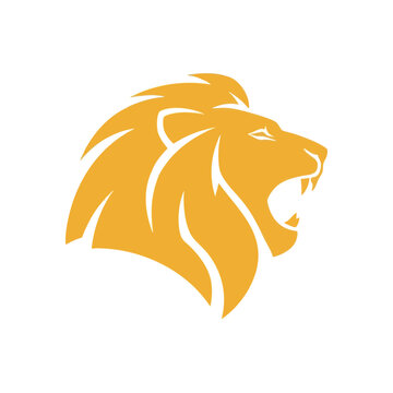 Majestic Roaring Lion Head Symbol. Dynamic illustration of a golden feline monarch's profile, jaws open wide. This fierce emblem embodies power, bravery, and wild determination.