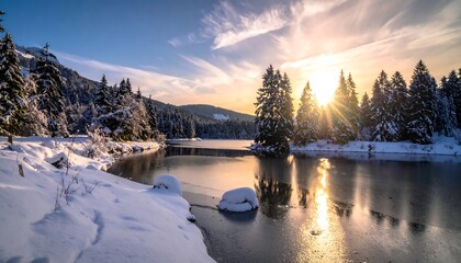 Winter wonderland landscape at sunset