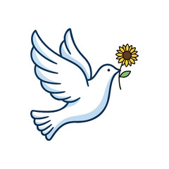 Peaceful Dove with Sunflower Bloom. A pristine dove carries a vibrant floral emblem, symbolizing global harmony and optimism. This illustration embodies peace, unity, and a hopeful future for all.