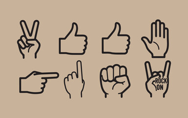 Collection of hand gestures icons on brown background