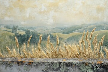 Dried wheat stalks arranged on a wall against a painted landscape of rolling hills and a cloudy sky.