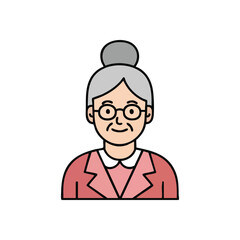 Elderly Woman Character Illustration. Friendly senior female avatar with glasses and a grey bun, embodying wisdom and experience. Perfect for profiles, health, or family concepts.