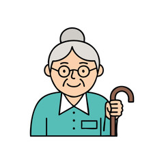 Smiling Elderly Lady Icon. This charming illustration features a happy aged woman with gray hair, spectacles, and a walking cane. Represents wisdom, care, and healthy aging.