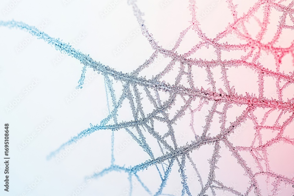 Aufkleber close-up of a frost-covered spiderweb, delicate icy threads forming intricate patterns against a sof