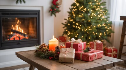 Obraz premium Cozy christmas scene with a lit fireplace decorated tree and gifts on a rustic wooden table