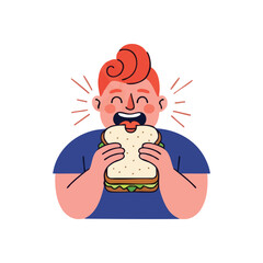 Joyful Eater Enjoying Delicious Sandwich. Illustration of a delighted person relishing a hearty bite. This vibrant image depicts the pure satisfaction of a wonderful meal and good appetite.