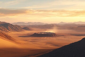 Naklejka premium Vast desert landscape at sunset, featuring a volcanic crater emitting dust.