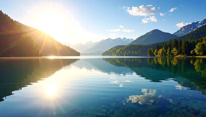 Serene mountain lake at sunrise, reflecting a vibrant sky and sunbeams, creating a tranquil and peaceful scene.
