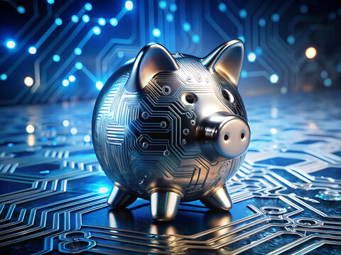 Digital piggy bank with circuit board pattern on a blue tech background, representing fintech concept