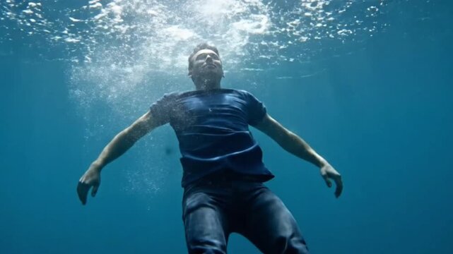 A man in a blue shirt and jeans is floating underwater with arms outstretched towards the surface light a symbol of surrender hope or despair and mental health struggles