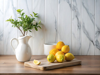 Still life of lemons and oranges on a wooden board with a white pitcher and marble tile background