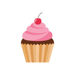 Sweet Pink Frosted Cupcake with Cherry. An enchanting baked good boasts luscious topping and a ripe red garnish. It symbolizes happiness, deliciousness, and festive celebration.