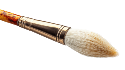 Close-up of a pointed, fine art brush.  The handle is a warm, marbled brown and gold.  The brush tip is a light beige/cream color,  and tapered