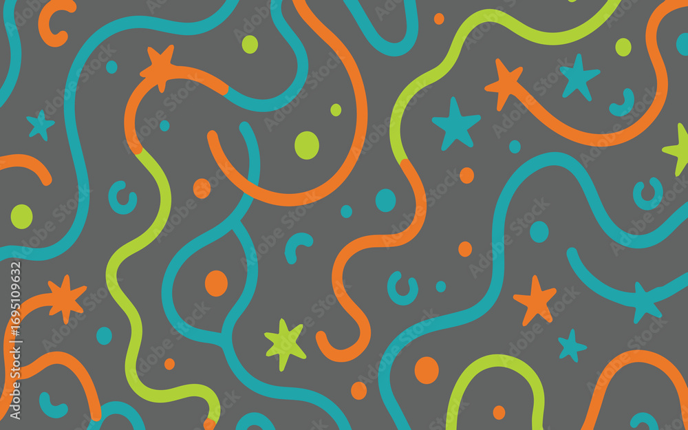 Poster abstract pattern with colorful wavy lines and stars on a gray background