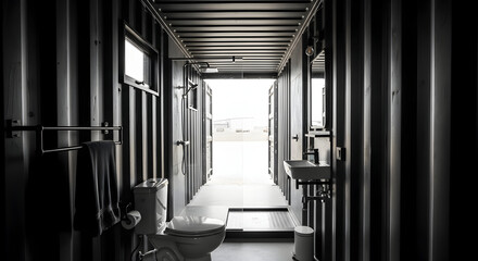 Industrial Chic Bathroom Inside a Modified Shipping Container with Natural Light.
