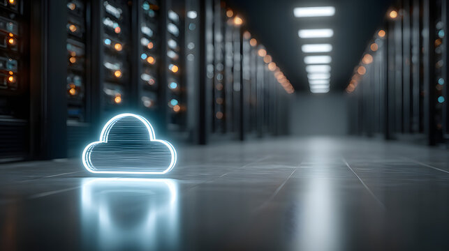 Server room, icon and cloud computing for software, igital or cybersecurity ininformation technology. Ovrlay for online storage, bckup and app integration i data center or memory comuter system