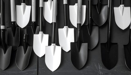 Rows of black and white shovels