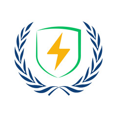 Shield with lightning bolt emblem and laurel wreath symbolizing power security and achievement transparent background