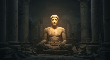 Shimmering Granite Figure of Reclined Man in Deserted Ruins