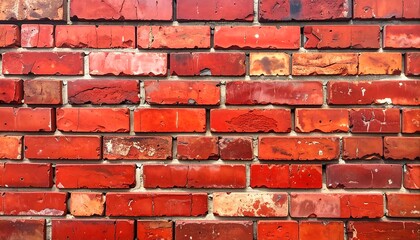 Fototapeta premium A close-up view of a weathered brick wall, showcasing the rich textures and varying shades of red.