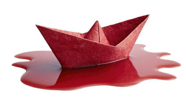 Red paper boat in a pool of crimson liquid