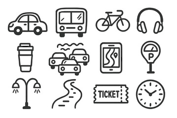 Morning Commute Icons. Morning commute doodle icon set: hand drawn icons of car, bus, bike, headphones, coffee thermos, traffic