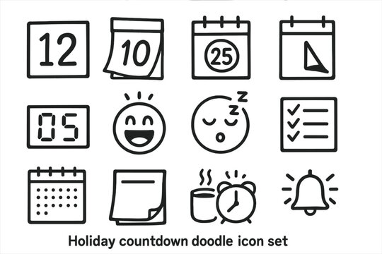 Holiday Countdown Doodle Set. Holiday countdown doodle icon set: hand drawn icons of numbered blocks, calendar tear,