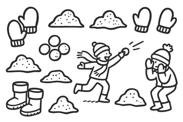Snowball Fight Doodle. Snowball fight doodle set: hand drawn icons for mittens, snow mounds, boots, and playful moments, isolated