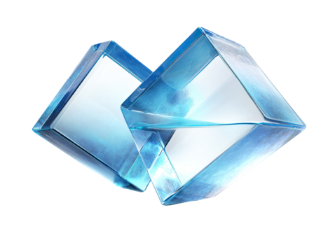 Two overlapping, translucent, light-blue, square prisms, filled with a similar blue liquid, creating a flowing, abstract design