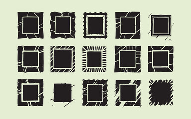 Collection of grunge and distressed black picture frames on a light background