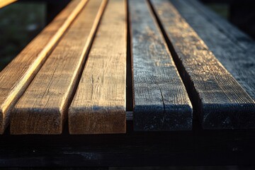 Close-up of a wooden bench showing contrasting light and dark stained planks.