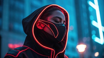 A captivating image features a person in a futuristic black mask with a flowing neon red outline. The vivid glow contrasts beautifully with their calm expression evoking a sense of