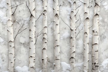 Snow-covered birch tree trunks against a textured white wall, creating a serene winter scene.