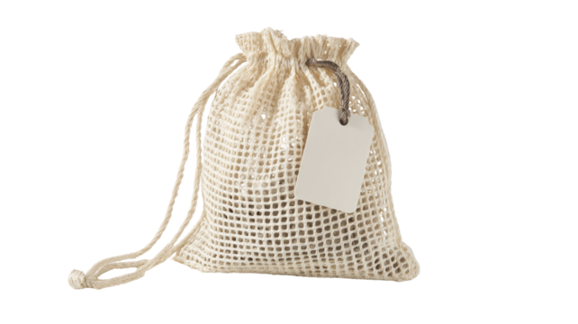 Beige mesh drawstring bag with blank tag