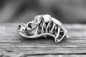 Delicate, bleached bird skeleton rests on weathered wood, a poignant reminder of nature's cycle.