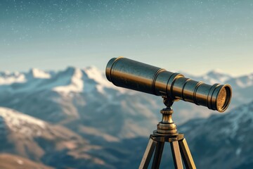 Antique brass telescope on tripod overlooking snow-capped mountains under a starry sky, symbolizing exploration and discovery.
