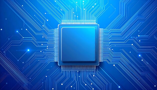 A detailed illustration of a modern microprocessor chip positioned above a complex circuit board, showcasing intricate pathways and glowing highlights.
